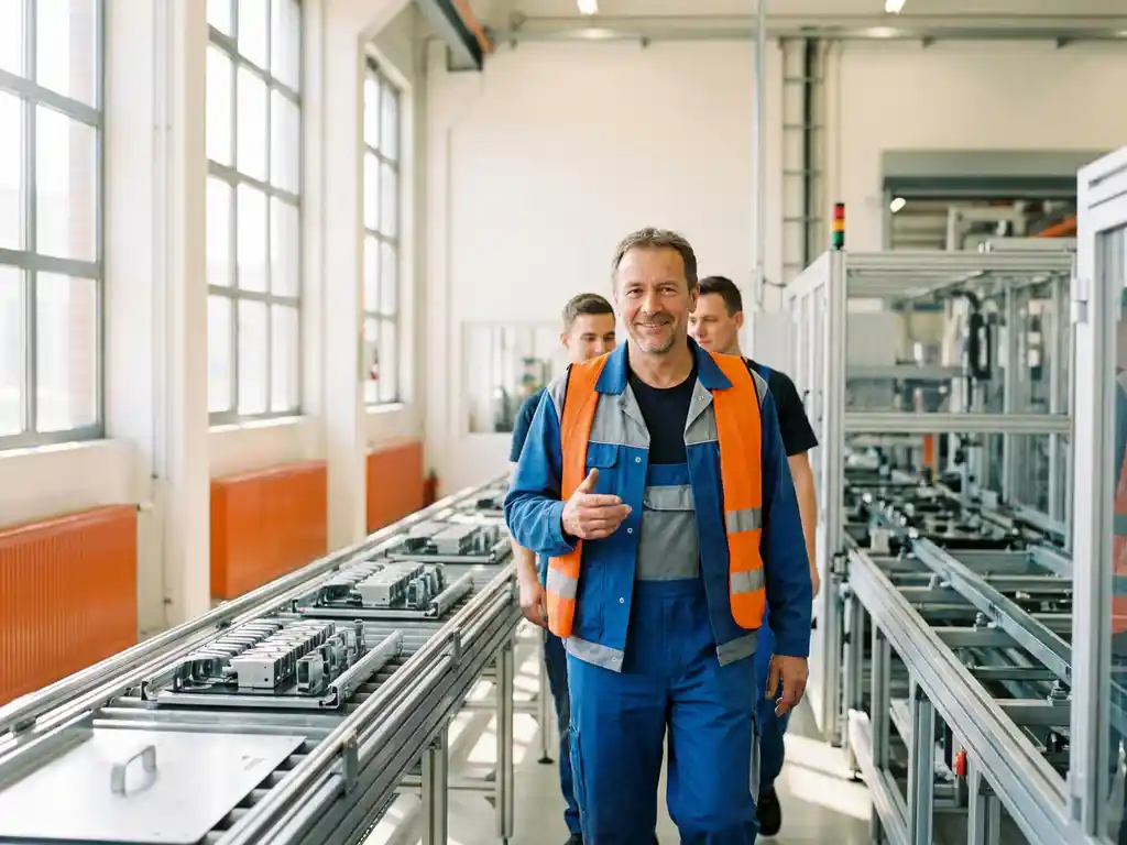 Lächelnder Montagearbeiter leitet sein Team an einer Kfz-Teile-Produktionslinie in einem modernen deutschen Fertigungswerk.