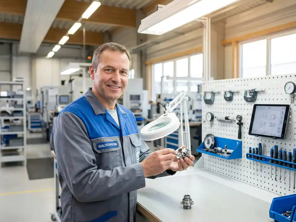 Deutscher Qualitätstechniker montiert präzises Fahrzeugbauteil von Hand an einem modernen, gut organisierten Werksarbeitsplatz.