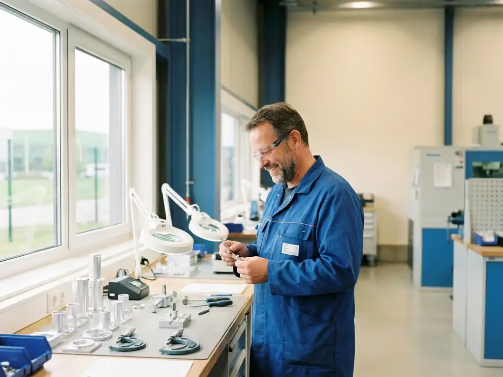 Deutscher Techniker montiert Luft- und Raumfahrtkomponente aus Aluminium an beleuchtetem Werkstattarbeitsplatz mit Prüfwerkzeugen.