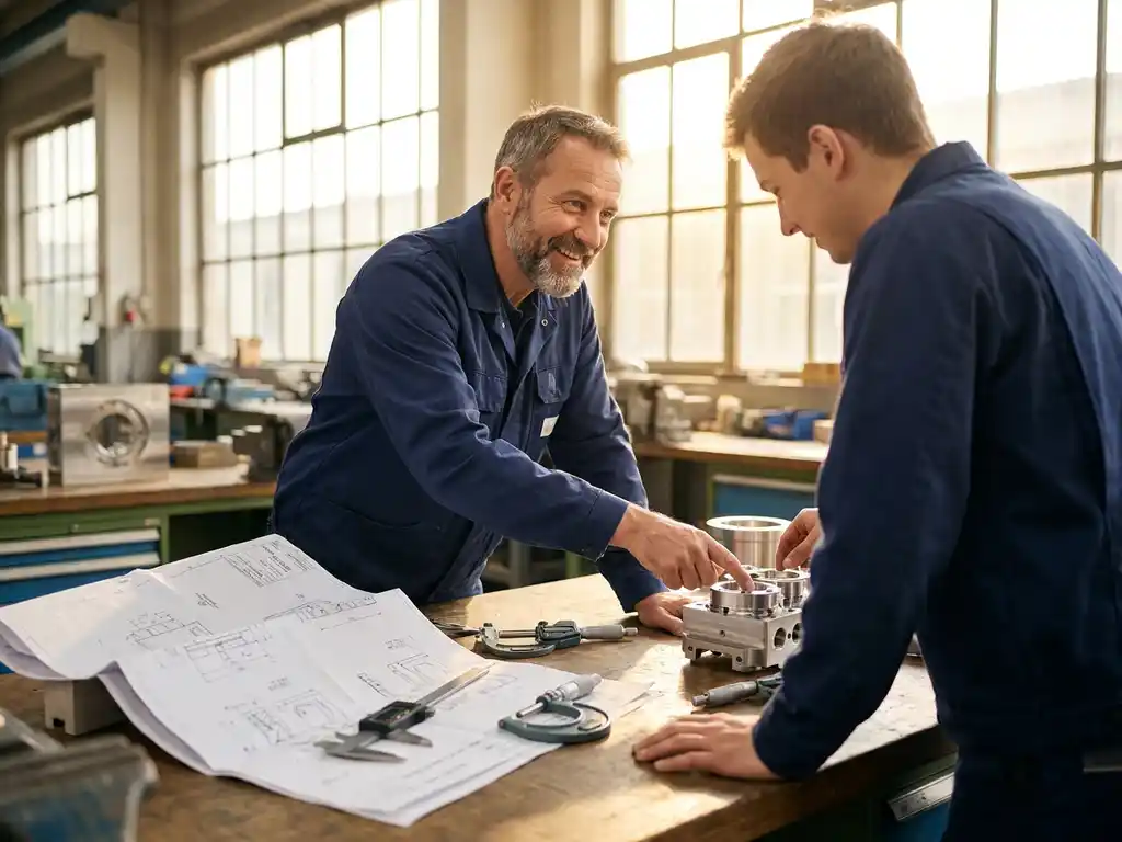 Deutscher Techniker in Arbeitsjacke bespricht Metallbauteil mit Kollegen an hellem Werkstatttisch mit Werkzeug und technischen Zeichnungen.