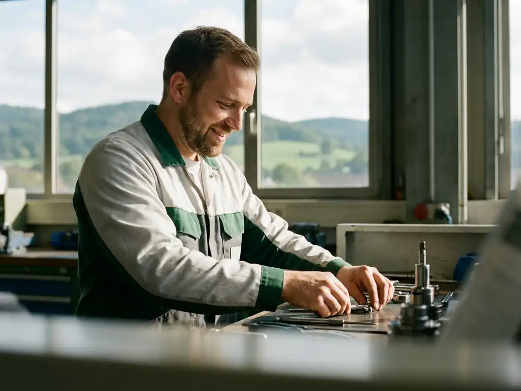 Deutscher Techniker montiert Präzisionsbauteile an einem Industriearbeitsplatz mit Blick auf die grünen Eifelberge.