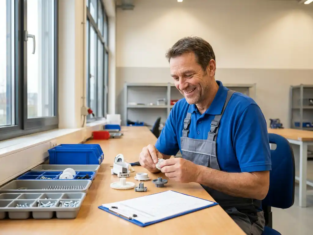 Lächelnder Techniker montiert Haushaltsprodukt-Komponenten an einem aufgeräumten Werkbank in einer modernen deutschen Werkstatt.