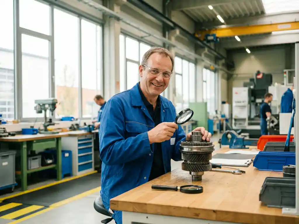 Deutscher Techniker inspiziert präzisionsgefertigtes Maschinenbauteil an hellem Werkbank in moderner Industriehalle.