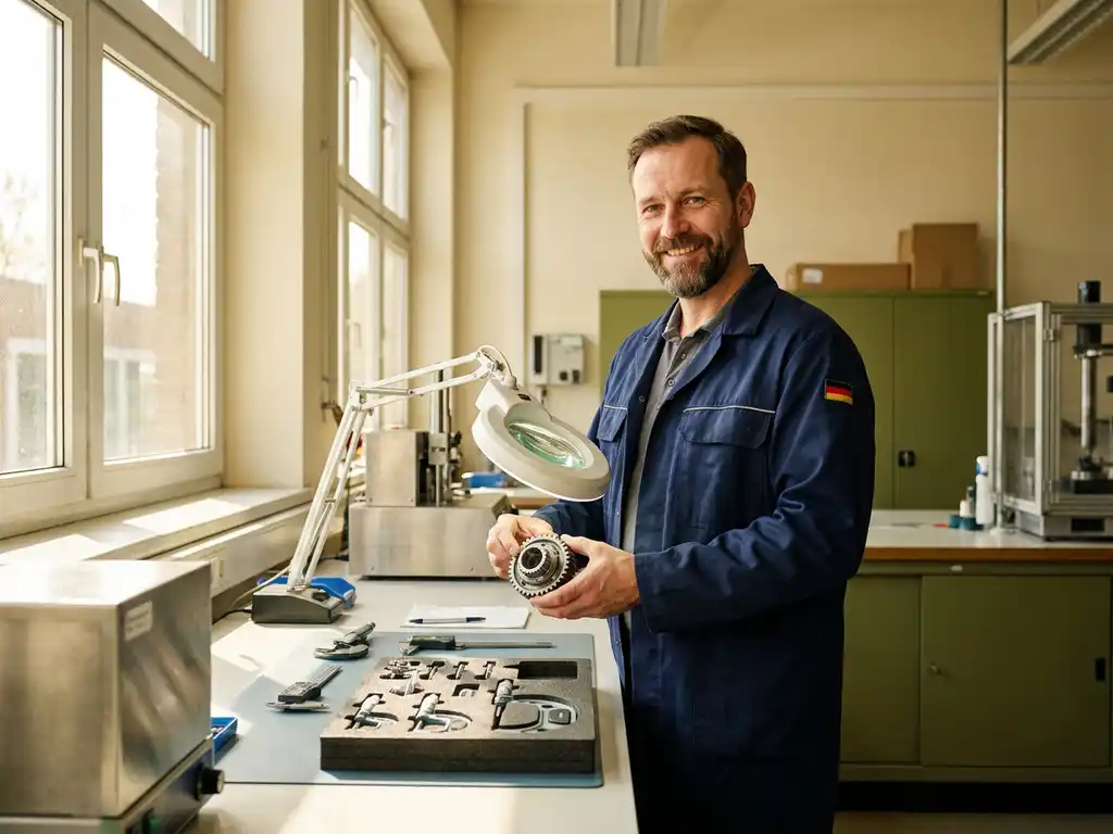 Deutscher Techniker in Arbeitsuniform prüft Bauteil an modernem Montagearbeitsplatz mit Präzisionsmesswerkzeugen.