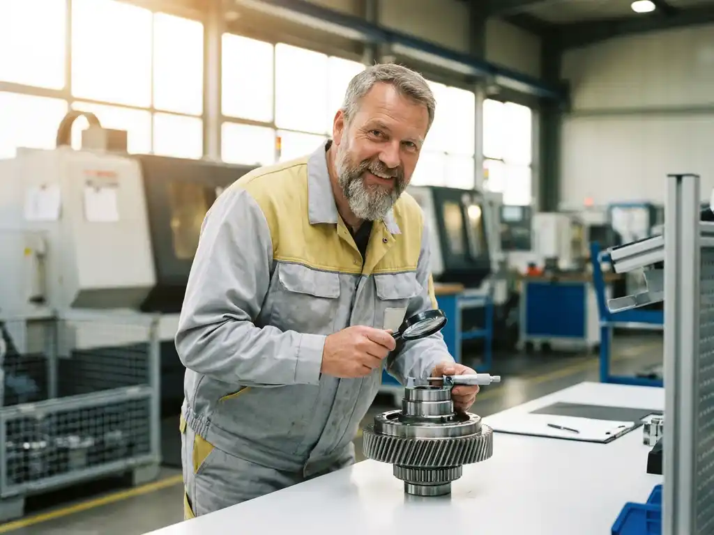 Deutscher Techniker prüft präzisionsgefertigtes Bauteil einer Baumaschine an einem Qualitätskontrolltisch in moderner Industriehalle.