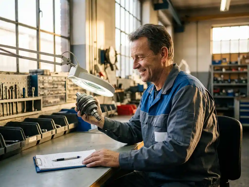 Deutscher Techniker prüft Präzisionsmetallbauteil an aufgeräumtem Arbeitsplatz mit Qualitätskontroll-Checkliste in heller Werkstatt.