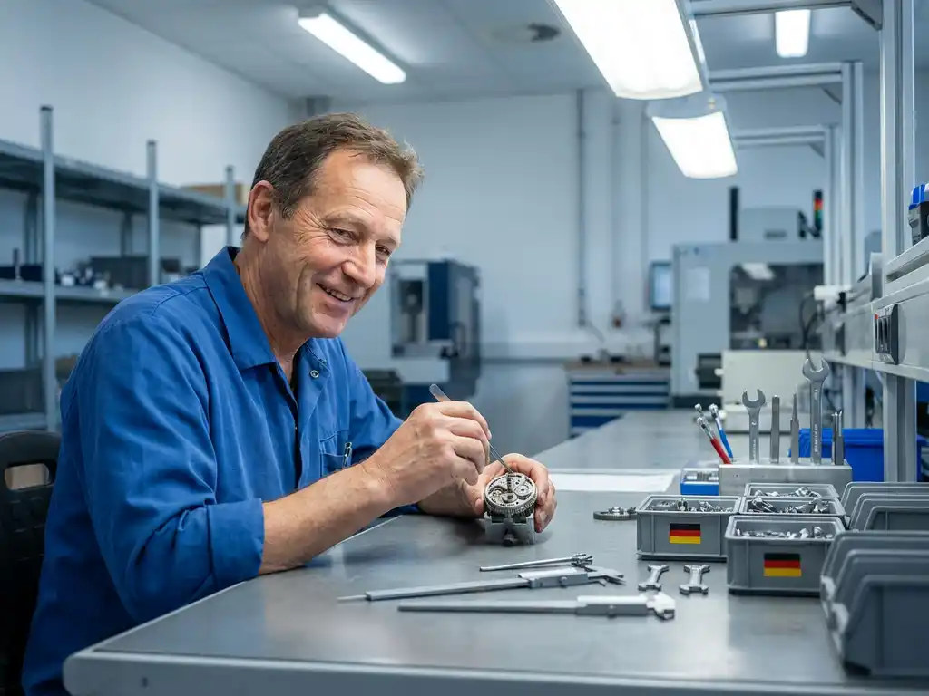Techniker montiert präzises Metallbauteil von Hand an deutschem Industriearbeitsplatz mit ordentlich arrangierten Werkzeugen.