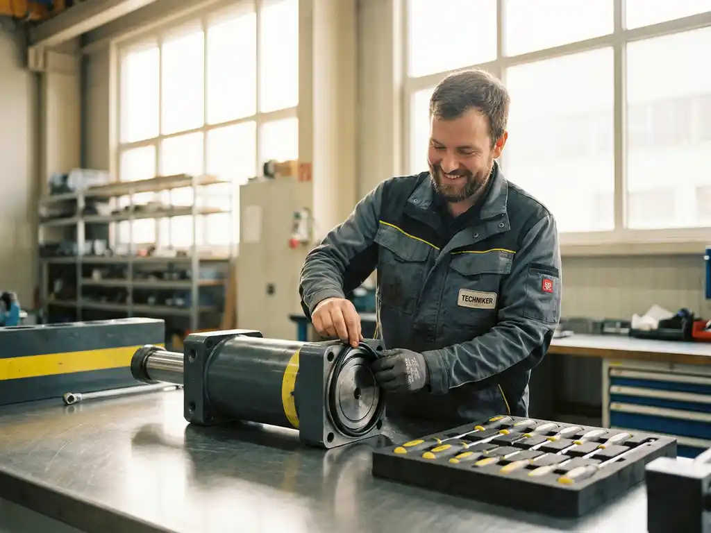 Deutscher Techniker installiert Gummidichtung in Hydraulikkomponente einer Baumaschine an aufgeräumtem Stahlwerkzeugbank.