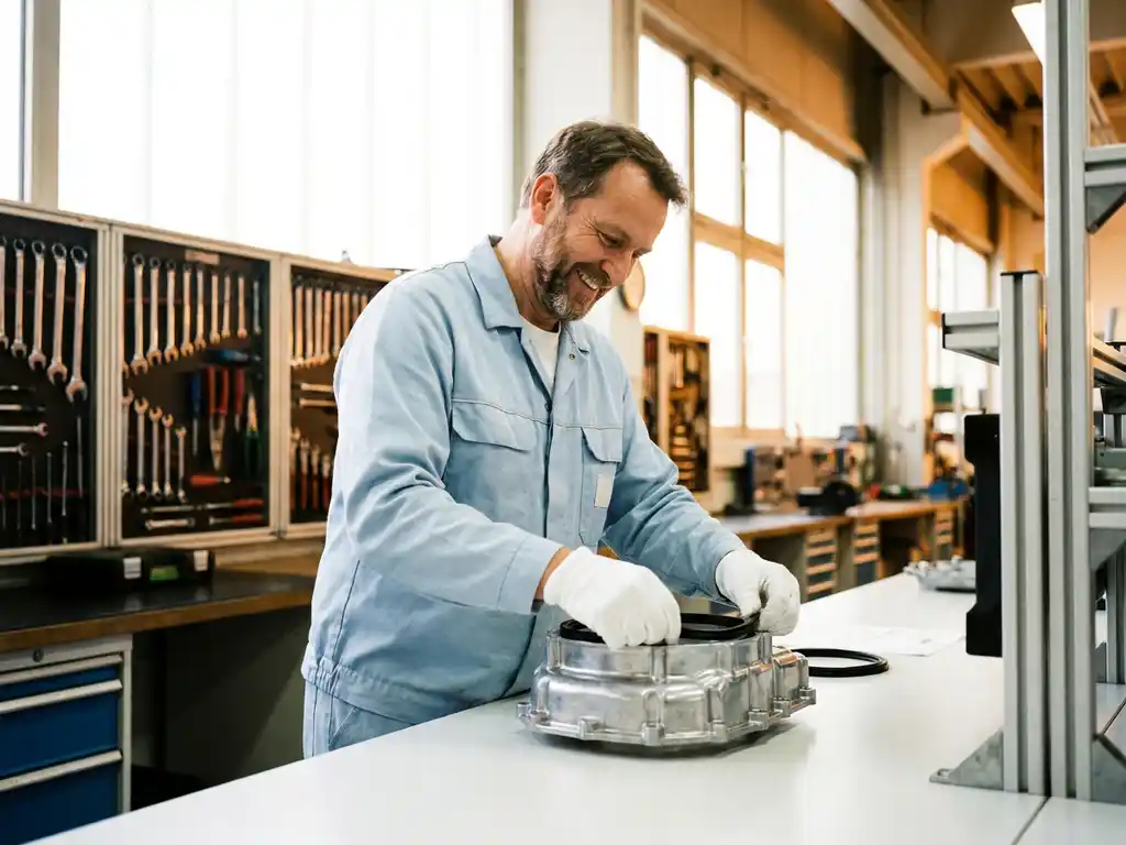 Deutscher KFZ-Techniker mit weißen Handschuhen montiert Gummidichtung an Metallbauteil in heller, professioneller Werkstatt.