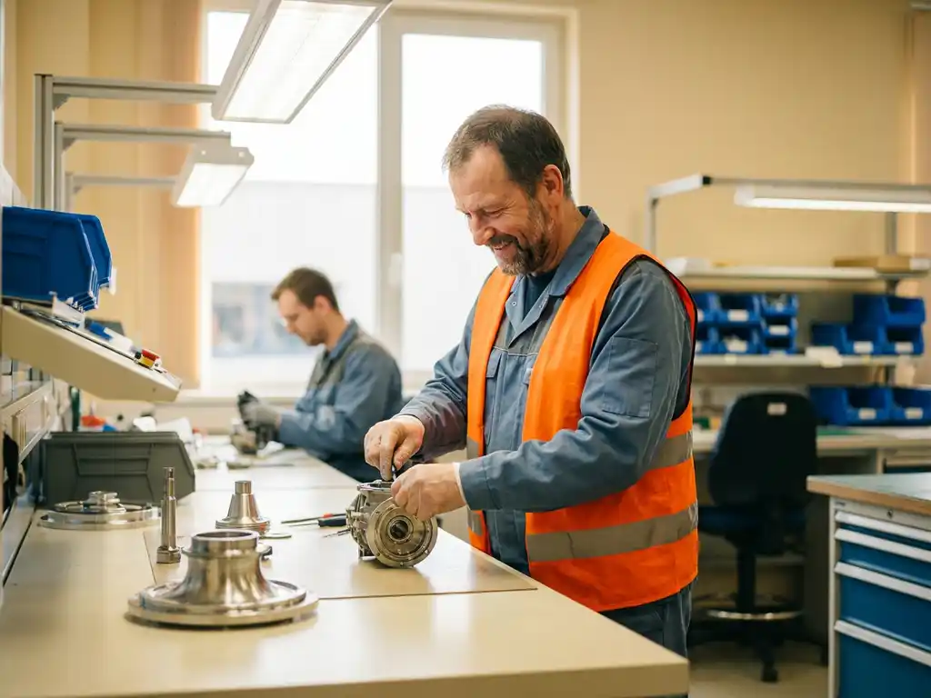 Lächelnder Luftfahrttechniker montiert Präzisionsbauteil an modernem Werkstattarbeitsplatz mit poliertem Metallwerkzeug.