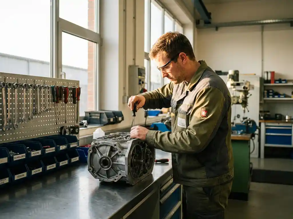 Deutscher Techniker in Arbeitsuniform zerlegt militärisches Bauteil auf Edelstahlwerkbank mit sortierten Werkzeugen und Komponententabletts.