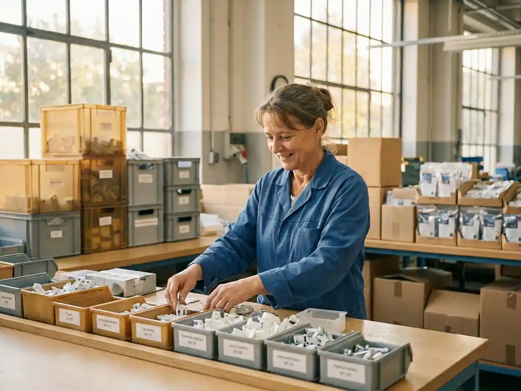 Lächelnder Montagearbeiter in einer hellen deutschen Werkstatt sortiert Haushaltsprodukt-Komponenten auf einem Arbeitsplatz.