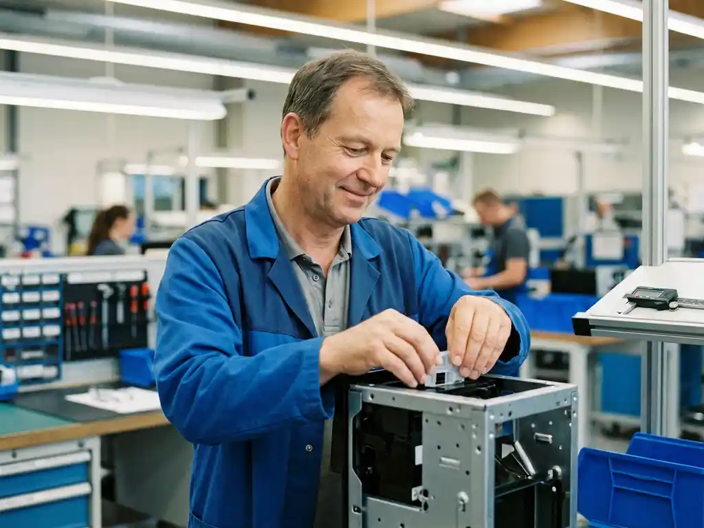Lächelnder Montagearbeiter in deutscher Produktionshalle fügt Haushaltsgerät-Komponente zusammen, Werkbänke und Prüfwerkzeuge im Hintergrund.
