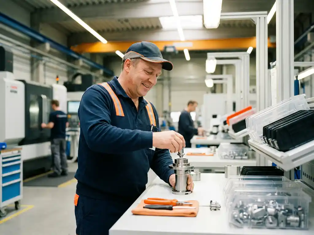 Lächelnder Montagetechniker fügt Präzisions-Metallbauteil an modernem Arbeitsplatz in deutscher Fertigungshalle ein.
