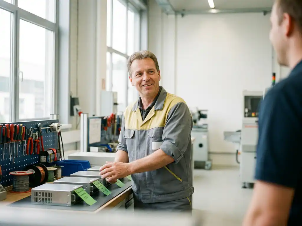 Freundlicher Montagetechniker lächelt Kollegen in moderner deutscher Produktionshalle an, Werkzeuge und Bauteile ordentlich auf Werkbank arrangiert.