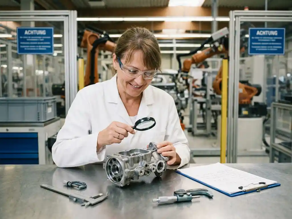 Qualitätstechniker im weißen Kittel prüft Automobilbauteil mit Messwerkzeug in moderner deutscher Fertigungshalle.