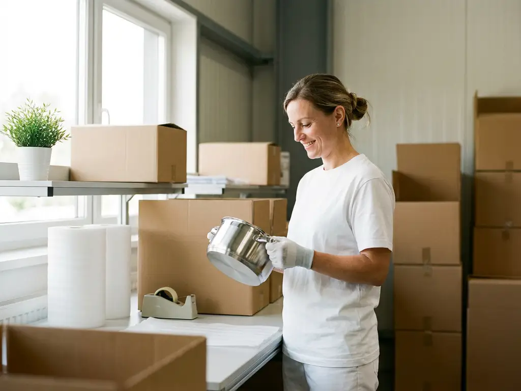 Lächelnde Frau in weißer Uniform prüft glänzenden Edelstahltopf an einem aufgeräumten Verpackungsplatz im modernen Lager.
