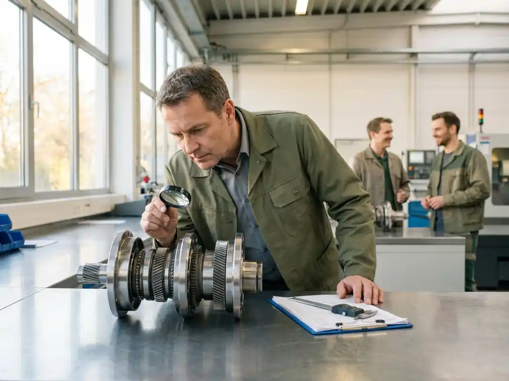 Qualitätsprüfer untersucht mehrstufige Maschinenbaugruppe mit Messschieber in einer deutschen Industriewerkstatt.