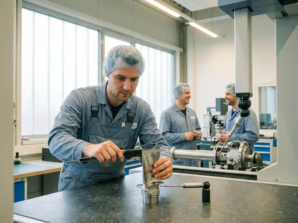Qualitätstechniker misst Flugzeugbauteil mit Messlehre in moderner deutscher Luft- und Raumfahrtfabrik.
