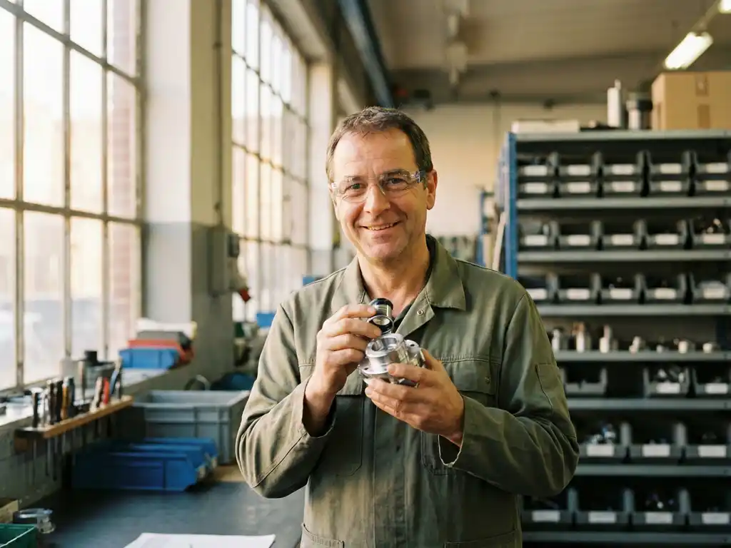 Qualitätstechniker prüft präzises Maschinenbauteil in einer deutschen Werkstatt mit beschrifteten Regalen im Hintergrund.