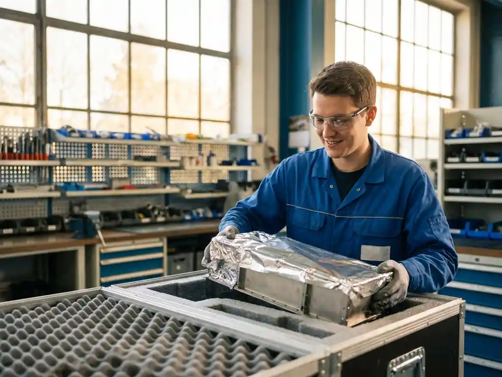 Qualitätstechniker verpackt Luft- und Raumfahrtkomponente sorgfältig in gepolsterten Transportkoffer in deutscher Industriewerkstatt.