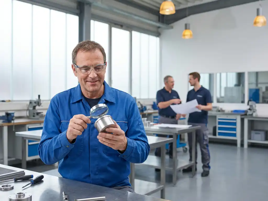 Qualitätstechniker prüft präzises Metallbauteil in moderner deutscher Industrieanlage, Kollegen arbeiten im hellen Hintergrund zusammen.