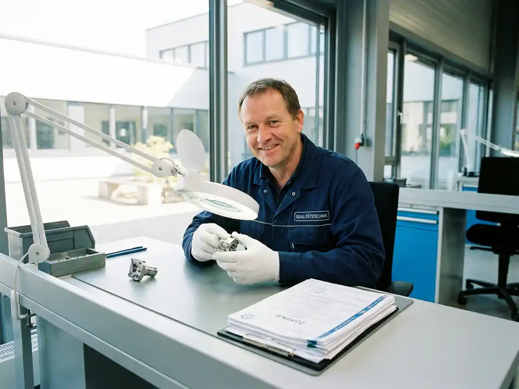 Deutscher Qualitätstechniker prüft Präzisionsbauteil militärischer Ausrüstung an aufgeräumtem Werkplatz mit TÜV-Zertifikaten im Hintergrund.