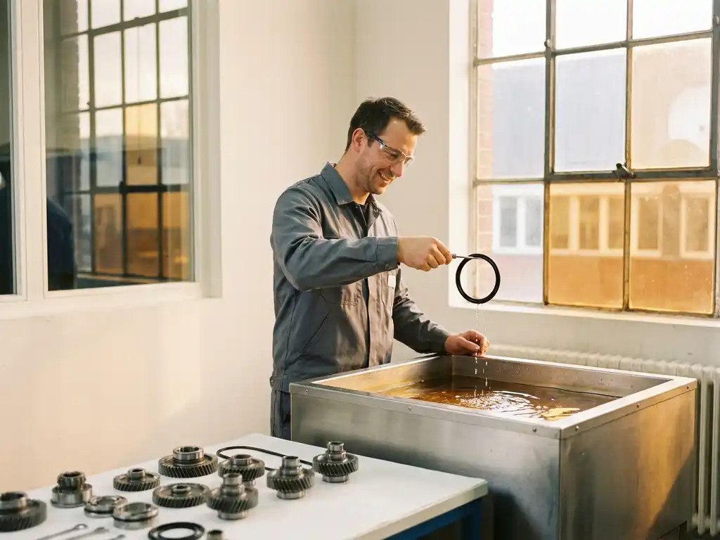 Techniker entnimmt einen Gummi-O-Ring aus einem alkalischen Edelstahlbad, Metallteile auf weißem Prüftisch im Hintergrund.