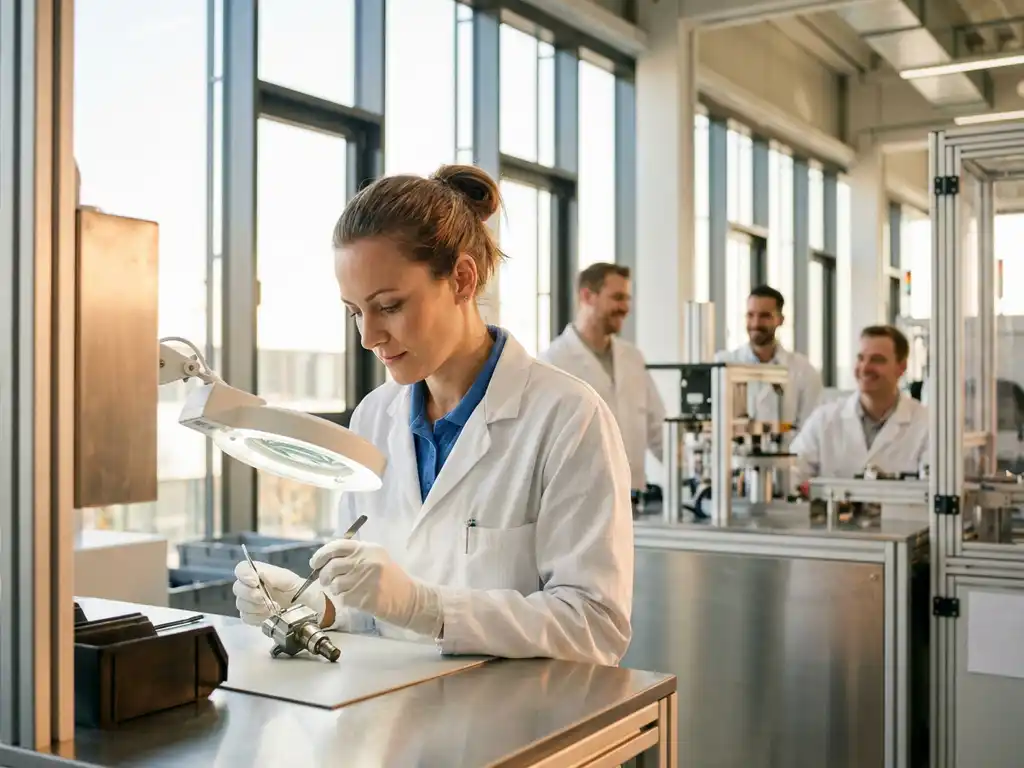 Technikerin im weißen Kittel montiert Präzisions-Kfz-Bauteil in moderner deutscher Produktionsstätte mit Tageslicht.