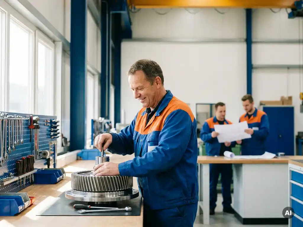 Lächelnder Techniker montiert Maschinenbauteil an aufgeräumtem Industriearbeitsplatz in moderner deutscher Fabrik.