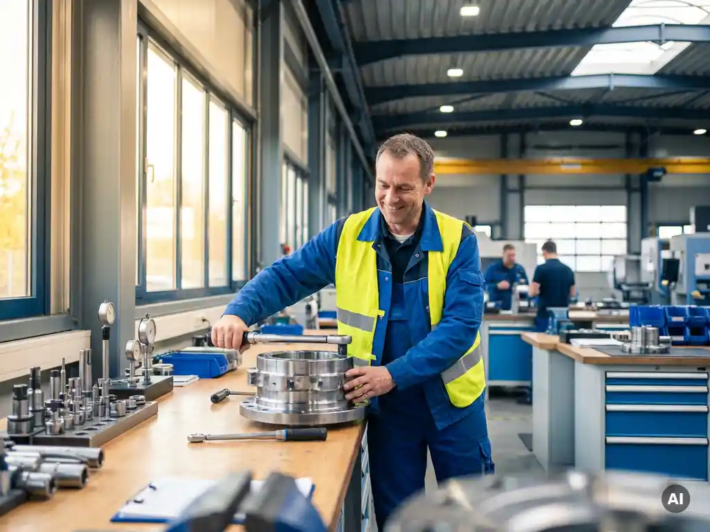 Deutscher Techniker montiert Baumaschinenkomponente an einem Werkbank in moderner, lichtdurchfluteter Industriehalle.