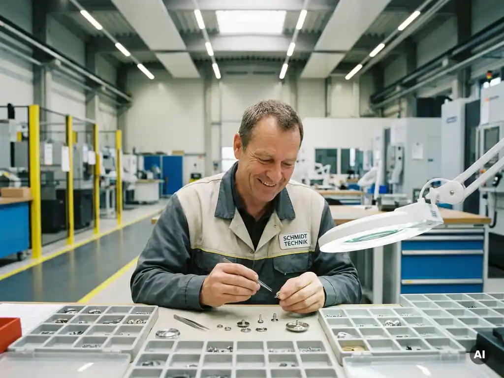 Techniker montiert präzise Metallbauteile von Hand an einem aufgeräumten Werkstisch in einer modernen deutschen Industriewerkstatt.