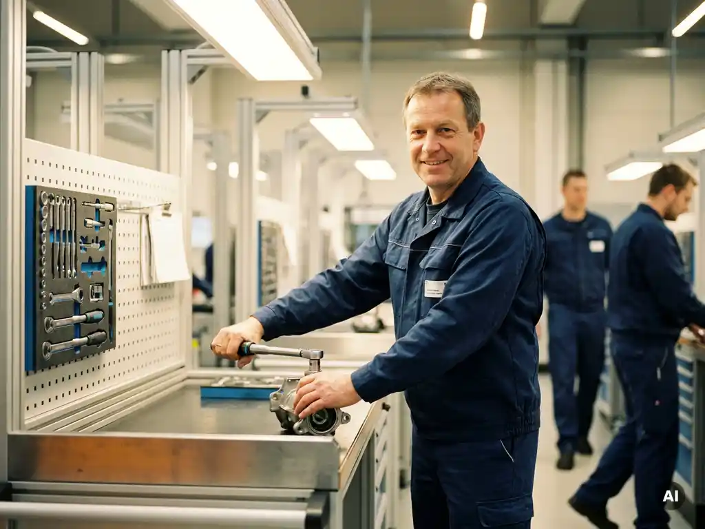 Deutscher Montagetechniker in Marineblau-Arbeitsuniform fügt präzise ein Kfz-Bauteil an modernem Produktionsarbeitsplatz zusammen.