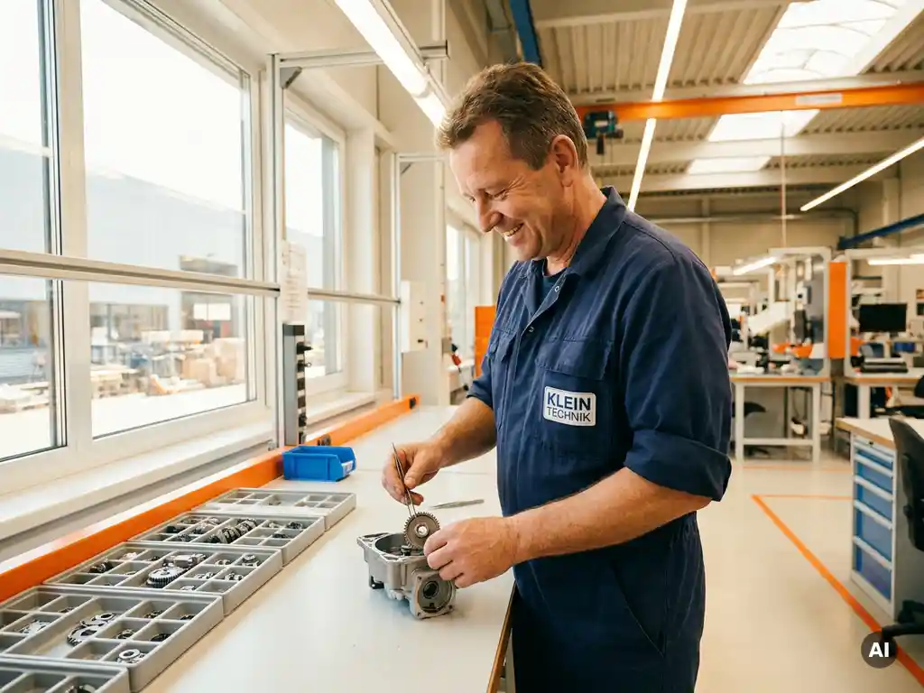 Deutscher Montagetechniker in Arbeitsuniform fügt Präzisionsbauteile an modernem Industriearbeitsplatz zusammen, sortierte Kleinteile in Nähe.