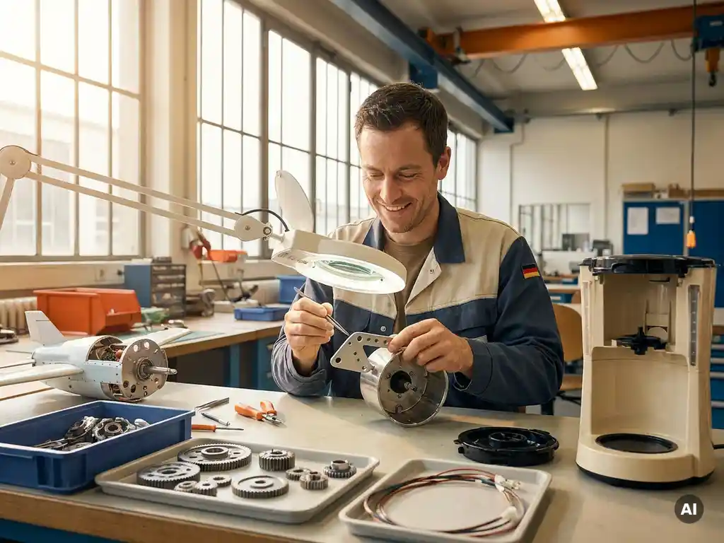 Deutscher Montagetechniker fügt Luft- und Haushaltskomponenten an einem hellen Werkstattarbeitsplatz zusammen.
