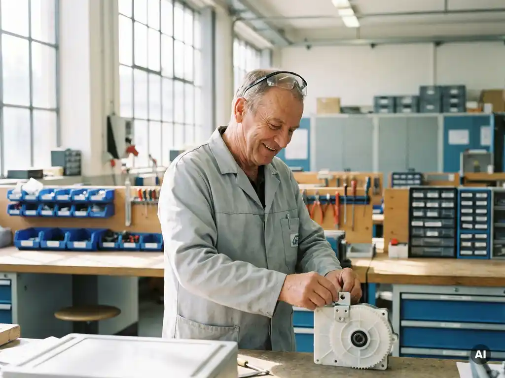 Lächelnder Montagetechniker fügt Haushaltsgerätekomponente in einer hellen deutschen Werkstatt zusammen, aufgeräumte Werkbänke im Hintergrund.