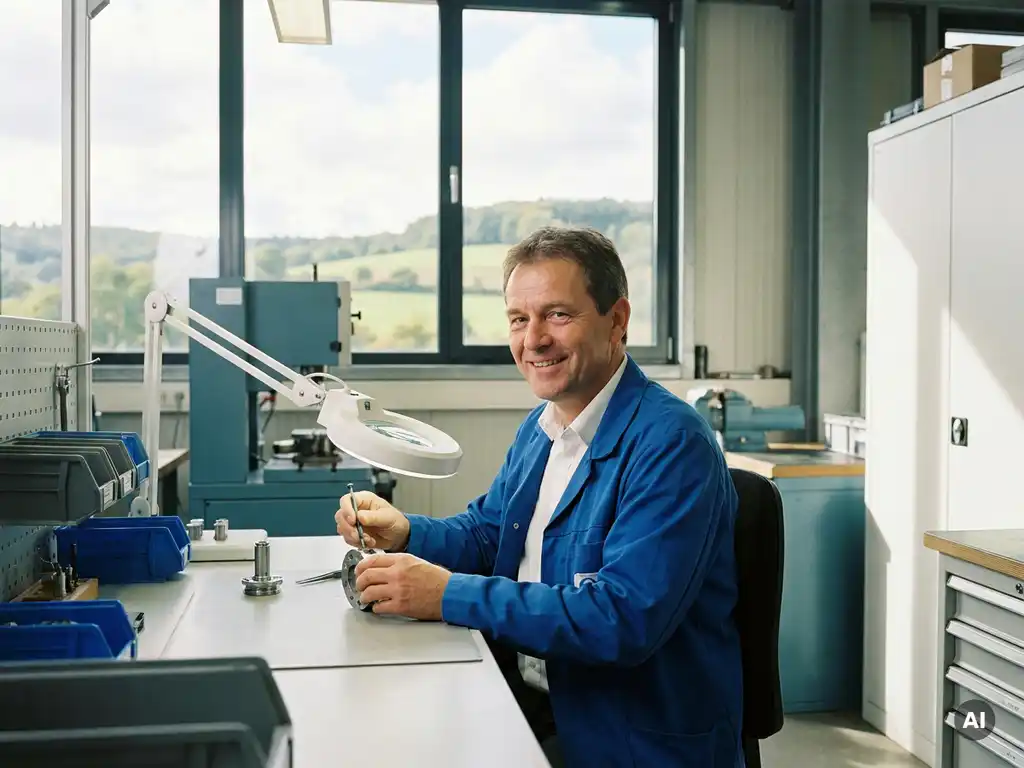 Deutscher Montagetechniker fügt Präzisionsbauteil an modernem Arbeitsplatz ein, Eifellandschaft im Hintergrund.