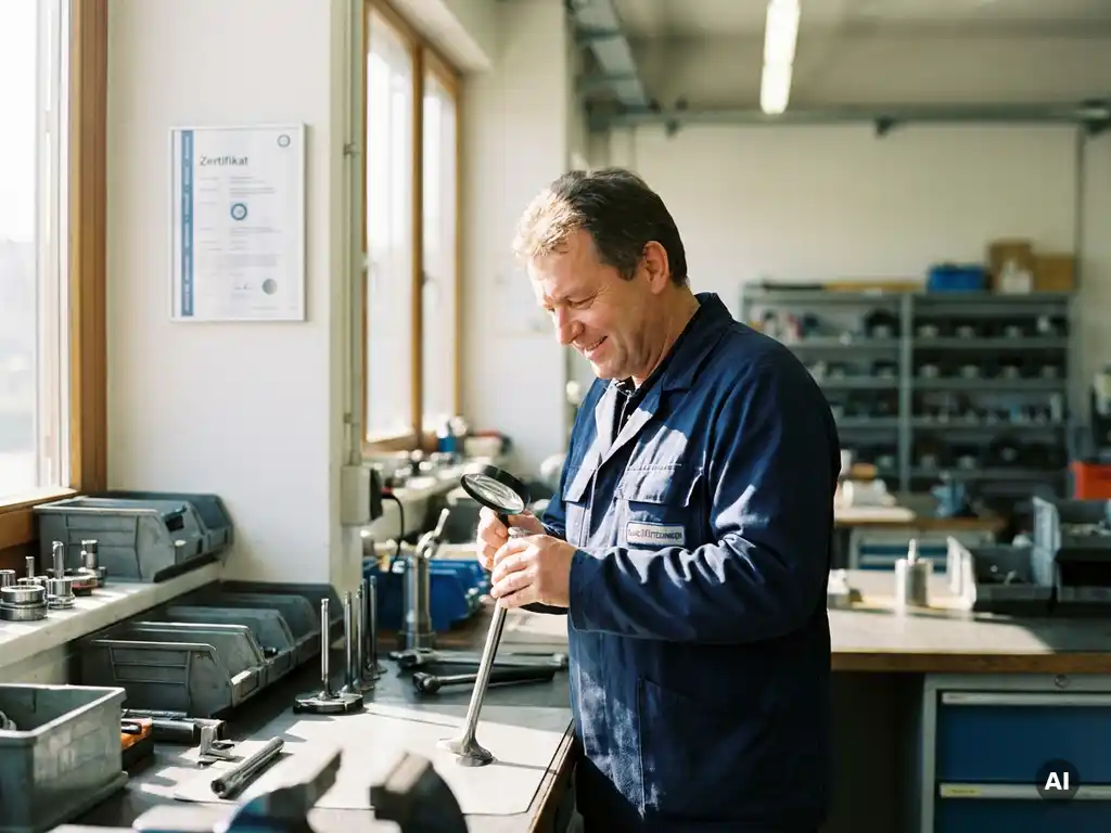 Deutscher Qualitätstechniker in Marineuniform prüft Kfz-Präzisionsbauteil, TÜV-Zertifikat an heller Werkstattwand sichtbar.