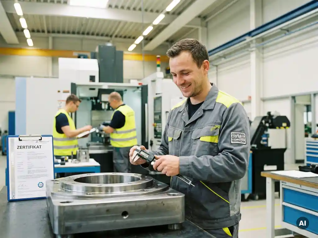 Qualitätstechniker prüft Baumaschinenkomponente in deutscher Industriehalle mit TÜV-Zertifikat auf Klemmbrett im Hintergrund.