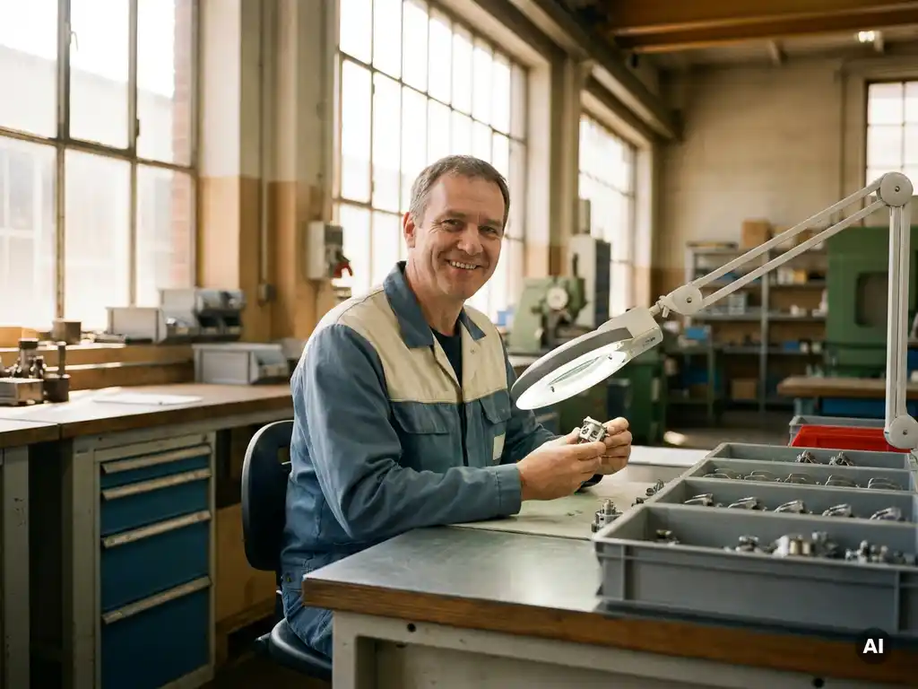 Qualitätstechniker prüft Präzisionsbauteil an sortiertem Arbeitsplatz in hellem Industriebetrieb der Eifelregion.