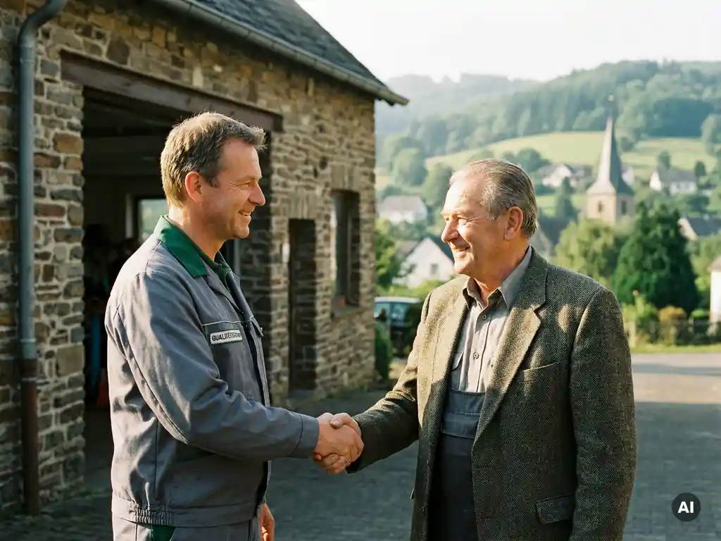 Qualitätstechniker und Unternehmer geben sich die Hand vor einer Eifel-Werkstatt aus Naturstein, grüne Hügel und Kirchturm im Hintergrund.