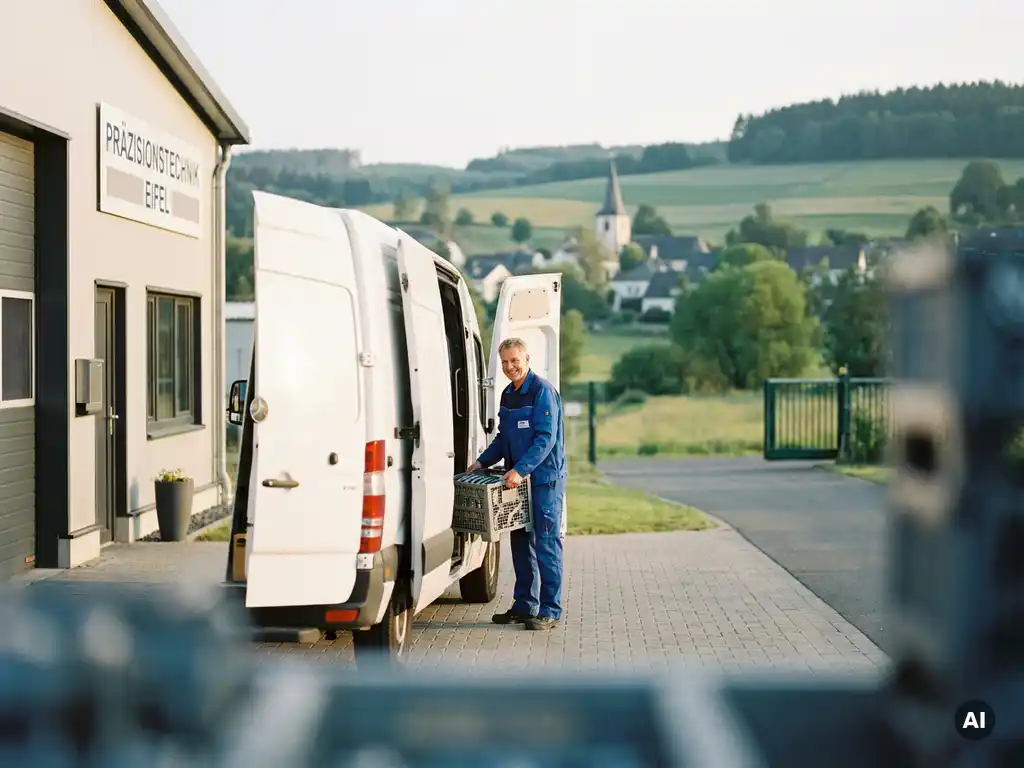 Deutscher Techniker lädt Präzisionsbauteile in weißen Lieferwagen vor Industriegebäude mit Eifel-Dorf im Hintergrund.