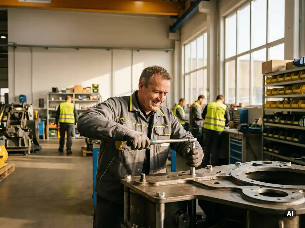 Techniker montiert Baumaschinenkomponente in einer hellen deutschen Industriehalle mit Tageslichteinfall und Kollegen im Hintergrund.