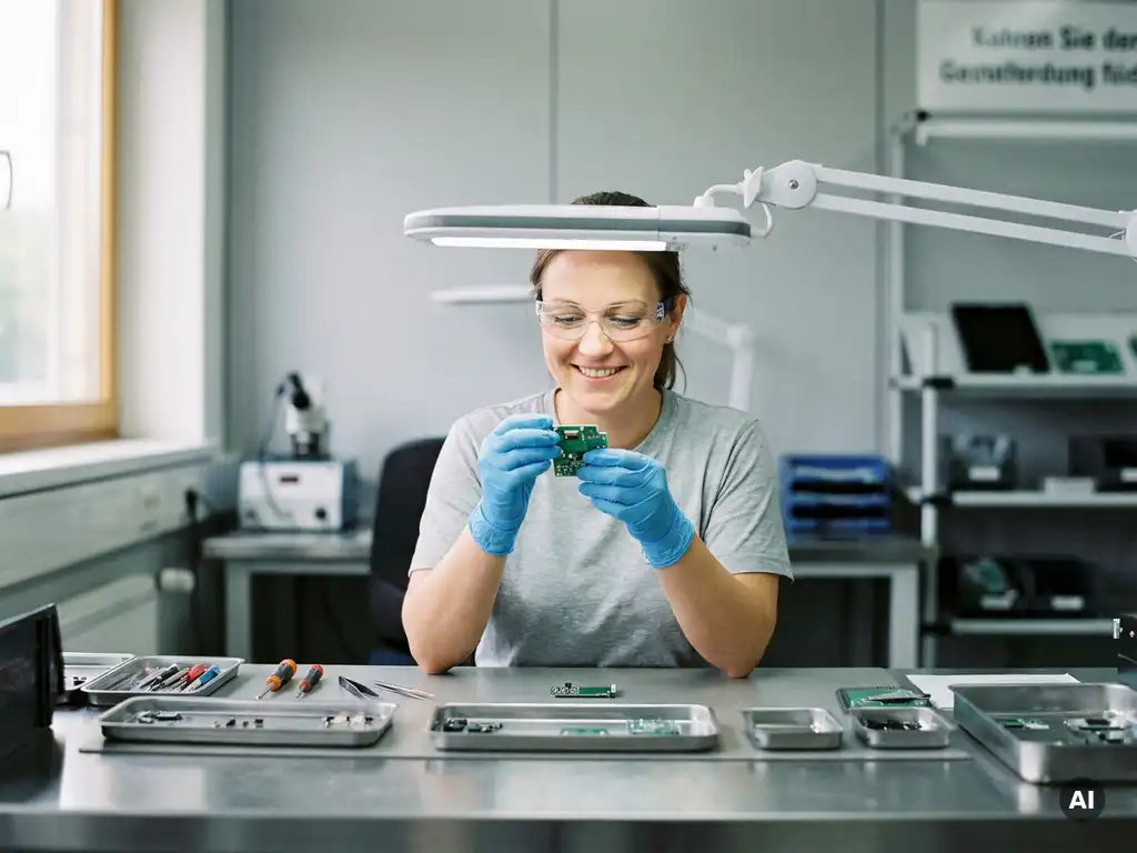 Technikerin mit blauen Nitrilhandschuhen prüft medizinische Leiterplatte unter Arbeitsbeleuchtung an einem deutschen Industriearbeitsplatz.